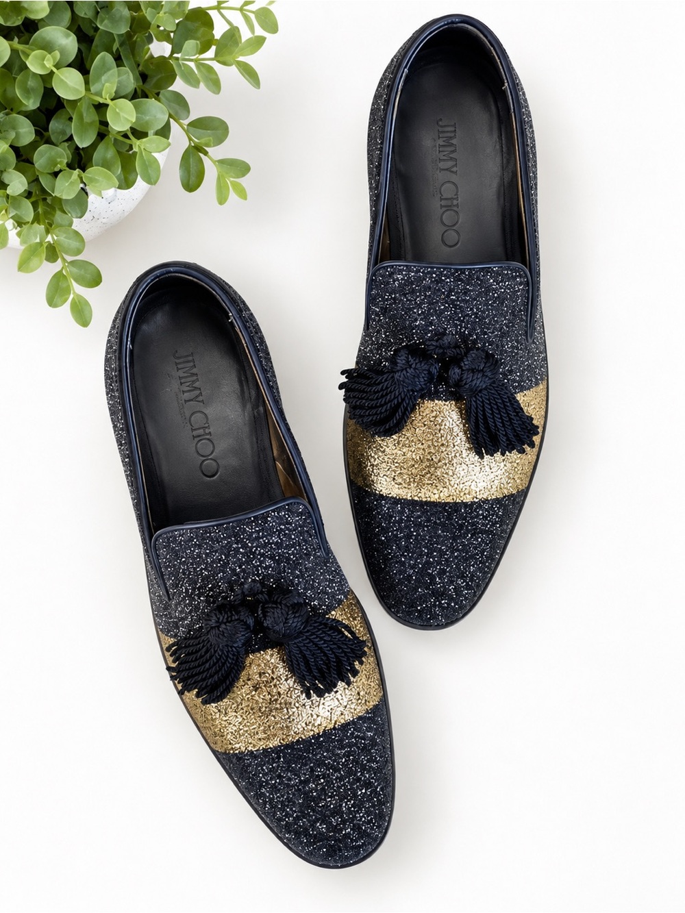 JIMMY CHOO - Foxley Black & Gold Tassel Loafers + Box & Dust Bags